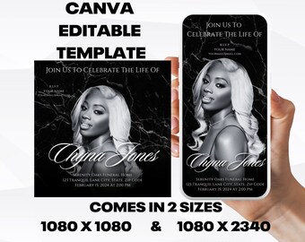 Customizable Funeral Announcement Template - Black Marble, Editable Memorial Service Invitation - Canva Template, Instant Download