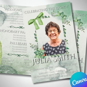 5.5x8.5 BOOKLET Memorial program, 4 pages, Green Watercolor Funeral Program, Celebration of Life, Canva Editable Template, Keepsake Woman