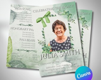 Green Watercolor Funeral Program Template, Celebration of Life (Canva Editable)