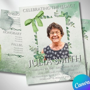 8.5x11 BOOKLET Memorial program, 4 pages, Green Watercolor Funeral Program, Celebration of Life, Canva Editable Template, Keepsake Woman