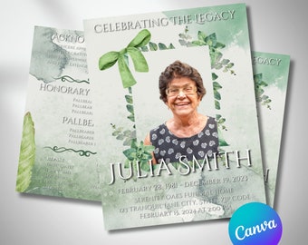 Green Watercolor Funeral Program Template, Celebration of Life (Canva Editable)