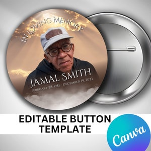 Puede incluir: Una plantilla de botón redonda con una foto de un hombre con un sombrero blanco y gafas. El texto "In Loving Memory" está en la parte superior del botón, y el texto "Jamal Smith" está debajo de la foto. Las fechas "February 28, 1981 - December 19, 2023" están debajo del nombre. El texto "Editable Button Template" está debajo del botón, y el logotipo de Canva está debajo del texto.