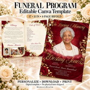 May include: A 17 x 11 inch 4-page bifold funeral program template featuring a deep red background with gold floral accents. The cover displays a portrait of an older person, the text In Loving Memory, Destiny Jones, and dates.