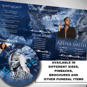 May include: A memorial brochure and pinback set with a blue and white watercolour design. The brochure features a photo of Abena Smith, along with her birth and passing dates. The pinback and brochure are available in different sizes.