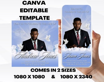 Customizable Funeral Announcement Template - Blue Sky, Editable Memorial Service Invitation - Canva Template, Instant Download