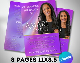 Purple Gradient Funeral Program Template, 8-Page Bifold (Canva Template)