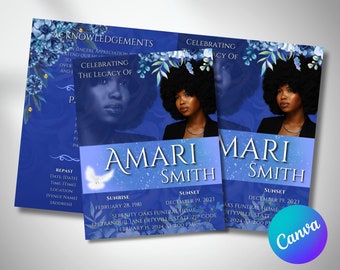 Blue Floral Funeral Program Template, Celebration of Life (Canva Template)
