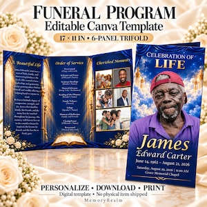 May include: A 17 x 11 inch 6-panel trifold funeral program template featuring a blue and gold theme. The design includes a portrait of a man in a red cap, text reading Celebration of Life, James Edward Carter, and placeholders for photos and service details.