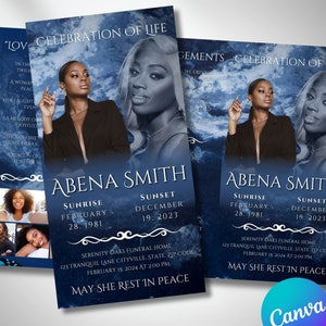 May include: A memorial card design with a blue and white cloudy background. The card features a portrait of a woman, the name "ABENA SMITH", and dates of birth and passing. The text "MAY SHE REST IN PEACE" is also included.