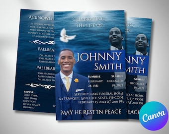 Blue Ocean Funeral Program Template, Celebration of Life (Canva Editable)