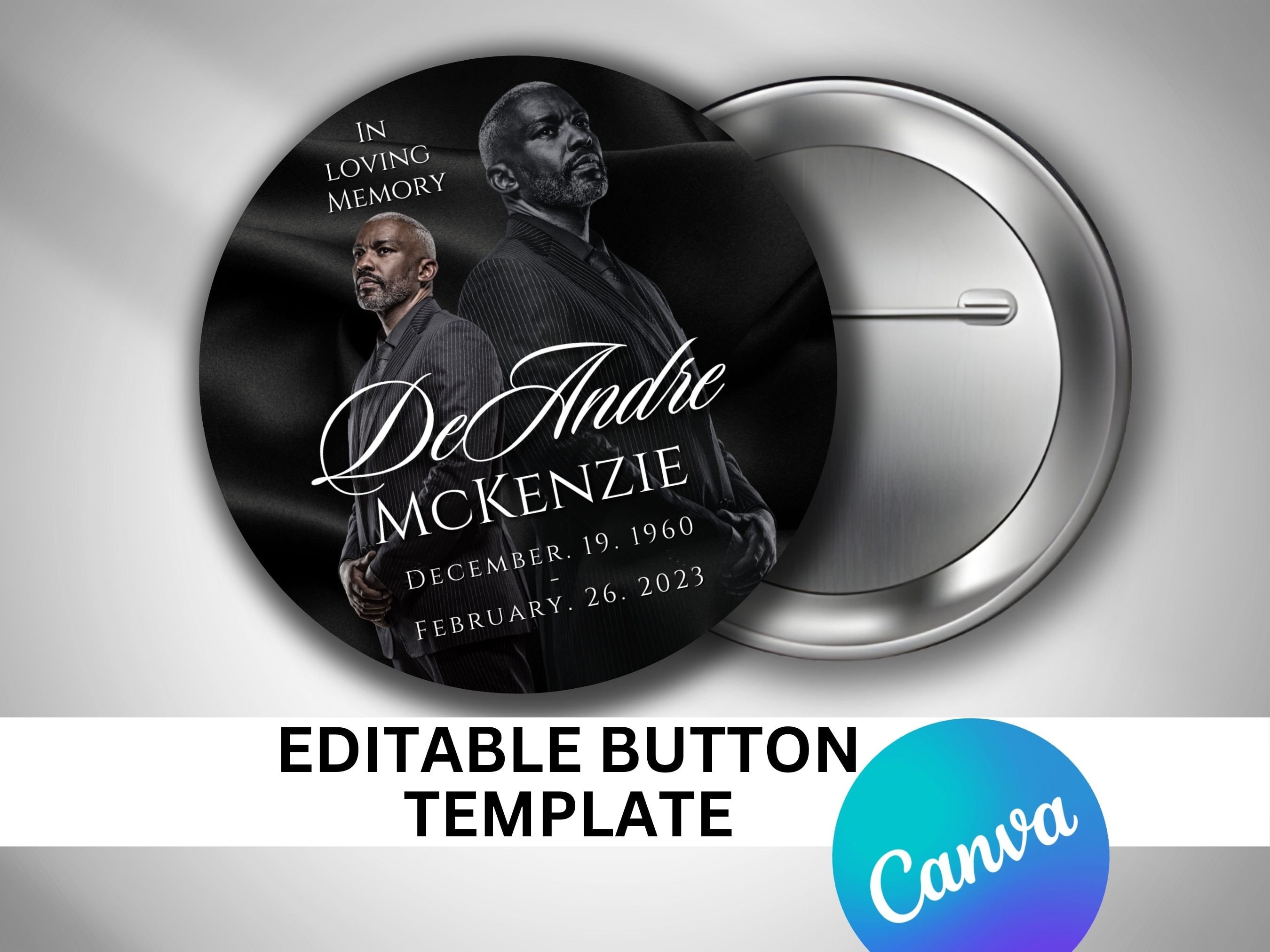 BLACK SILK PINBACK Button Template, Dark Memorial Pin, Editable Funeral ...