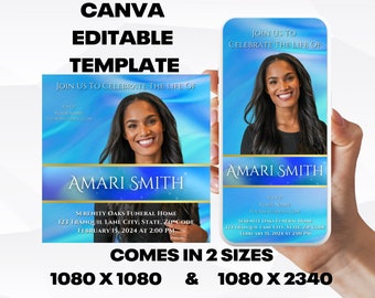 Customizable Funeral Announcement Template - Blue Gradient, Editable Memorial Service Invitation - Canva Template, Instant Download