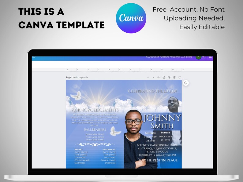 Blue Clouds Funeral Program Template, Celebration of Life (canva ...