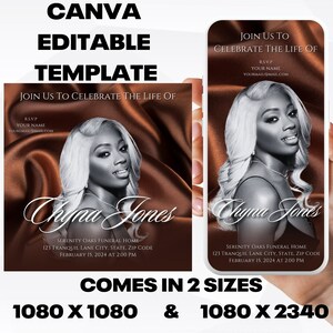 May include: A digital template for a memorial service invitation. The template features a photo of a woman with a brown satin background. The text reads "Join us to celebrate the life of Chyna Jones" and includes the date, time, and location of the service.