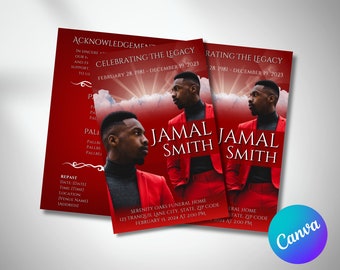 May include: A red and white funeral announcement card with a photo of a man in a red suit. The card reads "Celebrating the Legacy" and includes the dates "February 28, 1981 - December 19, 2023". The card also includes the name "Jamal Smith" and the text "Serenity Oaks Funeral Home".
