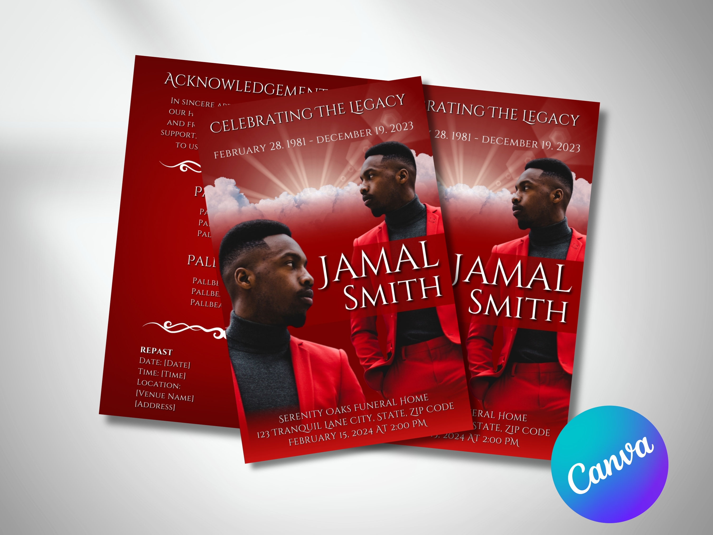 Red Memorial Program, Celebration of Life, Canva Template (digital ...