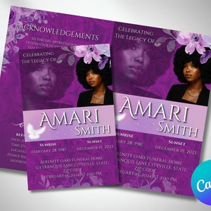 5.5&quot;x8.5&quot; BOOKLET OBITUARY PROGRAM, 4 Pages, Purple Funeral Template, Celebration Of Life, Order Of Service, Canva Template, Bifold Keepsake