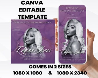 Customizable Funeral Announcement Template - Purple Marble, Editable Memorial Service Invitation - Canva Template, Instant Download
