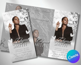 White Marble Funeral Program Template, Trifold Obituary (Canva Editable)