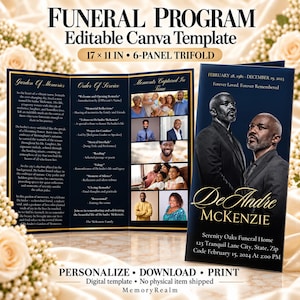 May include: A 17 x 11 inch 6-panel trifold funeral program template in navy blue and gold. The front features a portrait of a man in a suit and the name DeAndre McKenzie. The interior includes sections for Garden of Memories and Order of Service.