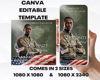 Army Funeral Announcement Template – Editable Memorial Invitation (Canva, Instant Download)