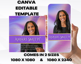 Customizable Funeral Announcement Template - Purple Gradient, Editable Memorial Service Invitation - Canva Template, Instant Download