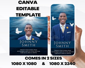 Customizable Funeral Announcement Template - Blue Ocean, Editable Memorial Service Invitation - Canva Template, Instant Download