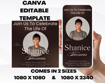 Customizable Funeral Announcement Template - Brown Minimal, Editable Memorial Service Invitation - Canva Template, Instant Download