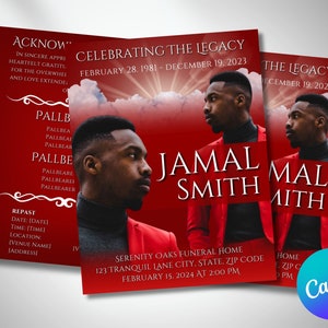 May include: Red and white funeral announcement for Jamal Smith. The announcement includes a photo of Jamal, the dates February 28, 1981 - December 19, 2023, and the text "Celebrating the Legacy".