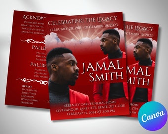 May include: Red and white funeral announcement for Jamal Smith. The announcement includes a photo of Jamal, the dates February 28, 1981 - December 19, 2023, and the text "Celebrating the Legacy".
