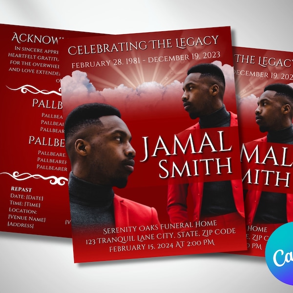 17" x11" BOOKLET FUNERAL PROGRAM, 8 Pages, Red Clouds Memorial, Bifold Obituary, Celebration Of Life, Order Of Service, Canva Template