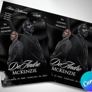 May include: Black and white funeral program with a photo of a man in a suit. The program reads "In Loving Memory DeAndre McKenzie" and includes the dates "December 19, 1960 - February 26, 2023".