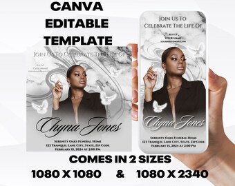 Customizable Funeral Announcement Template - White Marble, Editable Memorial Service Invitation - Canva Template, Instant Download