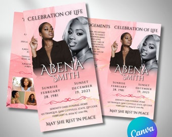 Pink Marble Funeral Program Template, Trifold Obituary (Canva Editable)