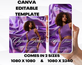 Customizable Funeral Announcement Template - Purple Silk, Editable Memorial Service Invitation - Canva Template, Instant Download