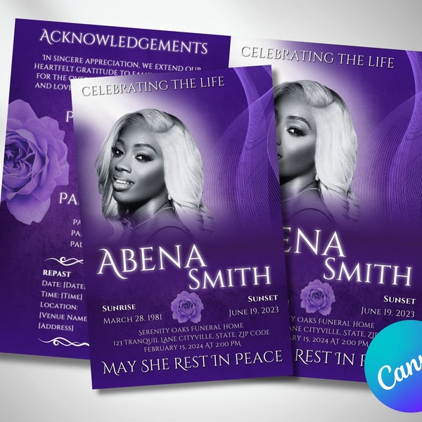 5.5x8.5" LAVENDER OBITUARY PROGRAM, 8 Pages, Purple Funeral Template, Celebration Of Life, Order Of Service, Canva Template, Bifold Keepsake