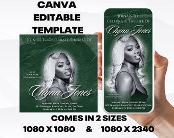 Customizable Funeral Announcement Template - Green Marble, Editable Memorial Service Invitation - Canva Template, Instant Download