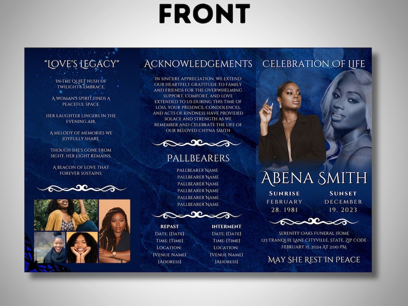 K&ouml;nnte beinhalten: Ein blaues und wei&szlig;es Trauerprogramm mit einem Foto von Abena Smith. Das Programm enth&auml;lt den Text "Love's Legacy", "Acknowledgements", "Celebration of Life", "Pallbearers", "Sunrise", "Sunset", "Repast", "Interment" und "May She Rest in Peace".