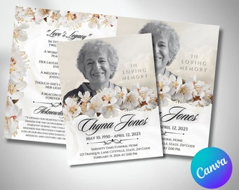 White Flowers Funeral Program Template, Bifold Memorial (Canva Template)