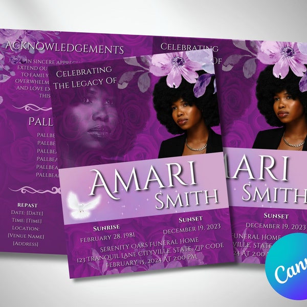 8.5"x11" BOOKLET OBITUARY PROGRAM, 4 Pages, Purple Funeral Template, Celebration Of Life, Order Of Service, Canva Template, Bifold Keepsake
