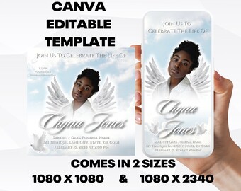 Customizable Funeral Announcement Template - White Sky, Editable Memorial Service Invitation - Canva Template, Instant Download