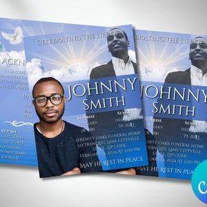 BOOKLET da 8,5" x 11" Programma commemorativo, 4 pagine, Programma funebre Blue Clouds, Celebrazione della vita, Modello modificabile Canva, Ricordo, Download