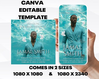Customizable Funeral Announcement Template - Turquoise Water, Editable Memorial Service Invitation - Canva Template, Instant Download