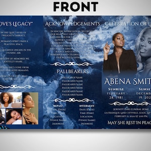 May include: A dark blue tri-fold memorial card with white text. The front displays the text "Love's Legacy" and "Celebration of Life." It includes photos of a woman, dates, and locations. The card is folded.
