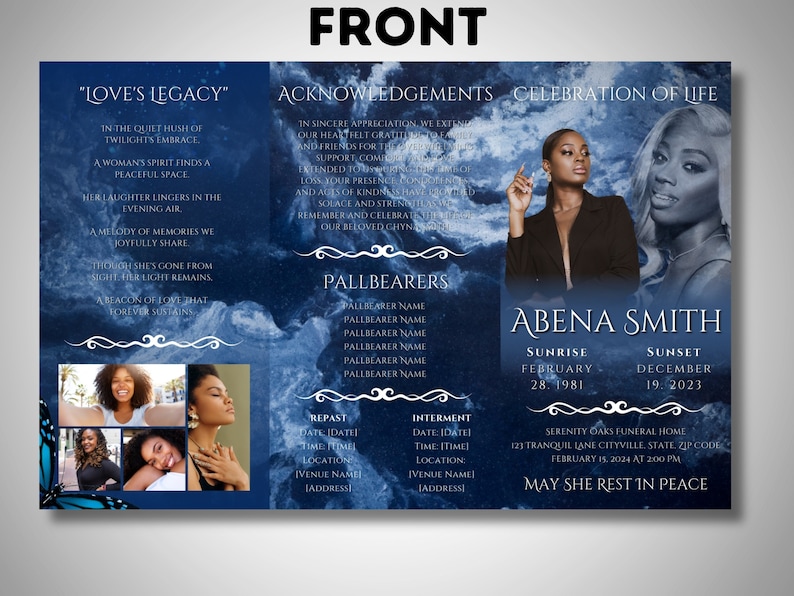 May include: A dark blue tri-fold memorial card with white text. The front displays the text "Love's Legacy" and "Celebration of Life." It includes photos of a woman, dates, and locations. The card is folded.