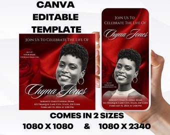 Customizable Funeral Announcement Template - Red Silk, Editable Memorial Service Invitation - Canva Template, Instant Download