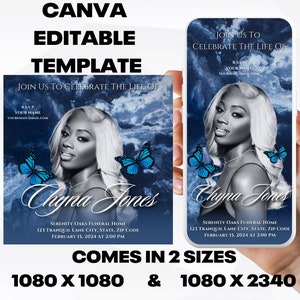 May include: A blue and white digital memorial invitation template with a photo of a woman and butterflies. The text reads "Join us to celebrate the life of Chyna Jones". Serenity Oaks Funeral Home, 123 Tranquil Lane City, State, Zip Code. February 15, 2024 at 2:00 PM. Comes in 2 sizes: 1080 x 1080 & 1080 x 2340.