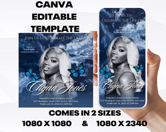 Customizable Funeral Announcement Template - Blue Marble, Editable Memorial Service Invitation - Canva Template, Instant Download