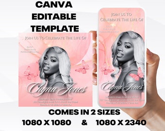 Customizable Funeral Announcement Template - Pink Marble, Editable Memorial Service Invitation - Canva Template, Instant Download