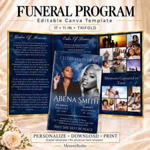 Blue Marble Trifold Funeral Program Template, 17x11 Editable Canva Obituary, Memorial Brochure